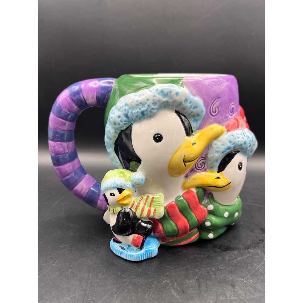 Large Penguin Family Mug 3D Novelty Coffee Cup Colorful Winter Holiday Cute 16oz